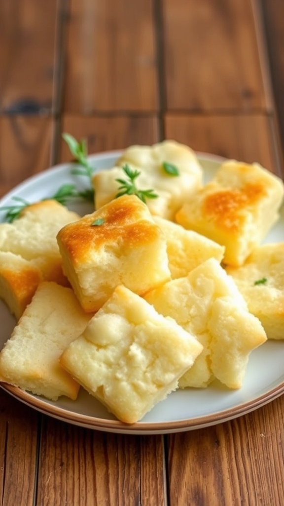No Carb Cloud Bread Recipe Fluffy cloud bread pieces on a plate, golden brown, with fresh herbs on a rustic table.